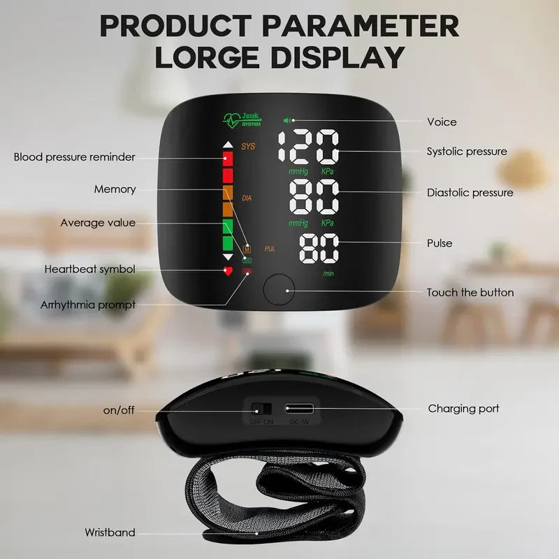 Wrist Blood Pressure Monitor – LED Touch Screen & Adjustable Fit
